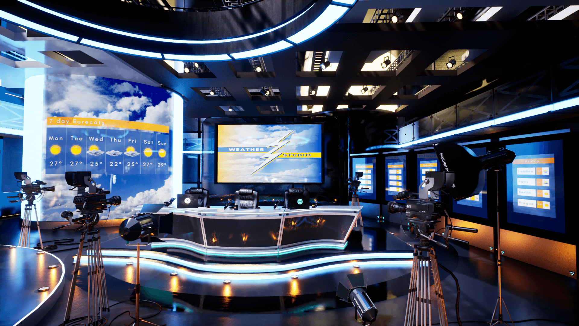 Dexsoft Games – High Quality 3D Models and Game Assets An image showing Weather TV Studio 2 asset pack, created with Unreal Engine